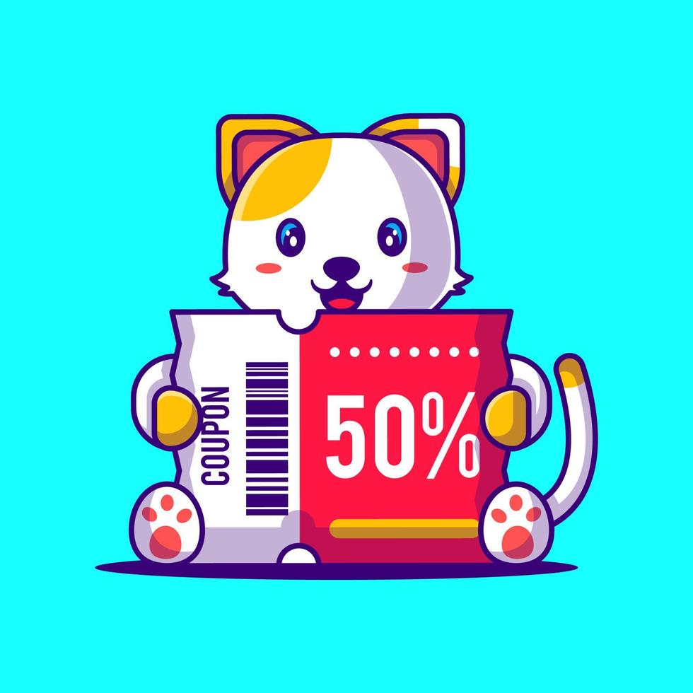 chat mignon tenant une illustration de dessin animé de coupon de réduction. concept de style cartoon plat animal et vente flash vecteur