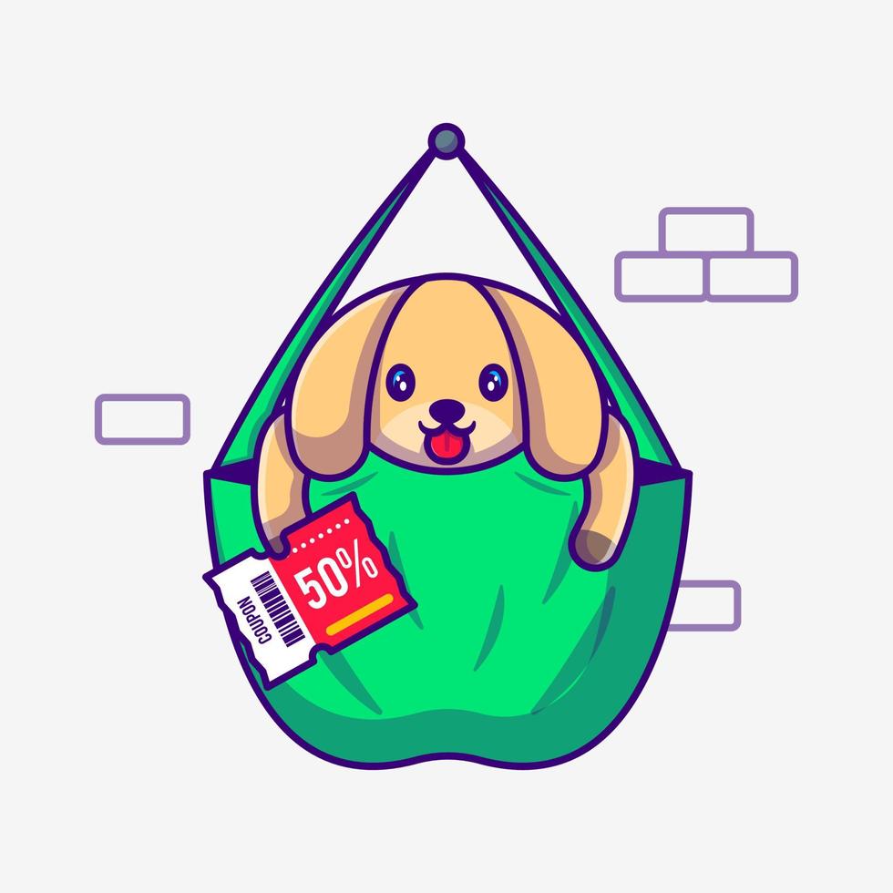 chien mignon dans un sac tenant une illustration de dessin animé de coupon de réduction. concept de style cartoon plat animal vecteur