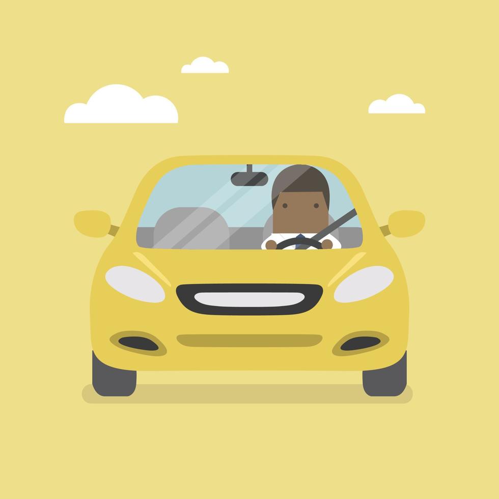 homme d'affaires africain conduisant une voiture jaune sur la route. vecteur