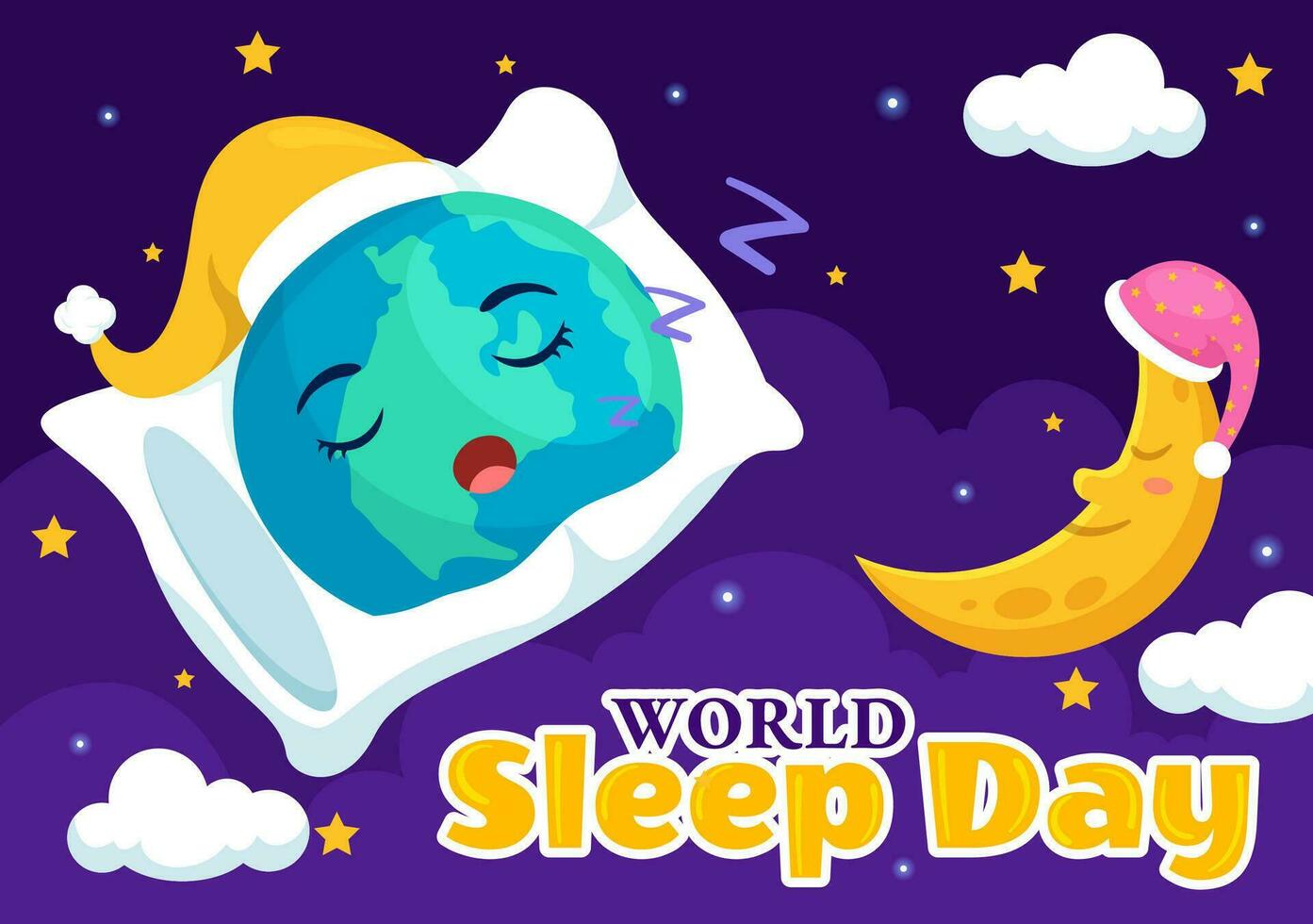 monde sommeil journée vecteur illustration sur Mars 17 avec gens dormant, des nuages, planète Terre et le lune dans ciel arrière-plans plat dessin animé conception