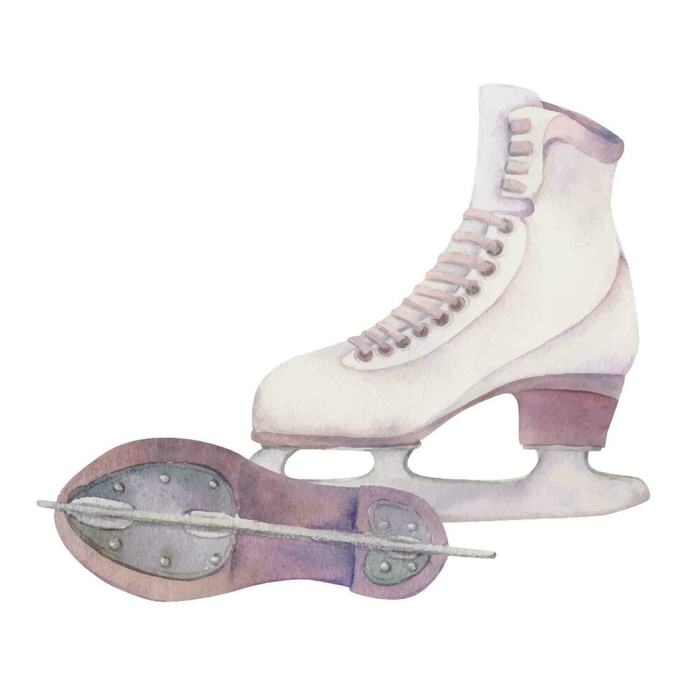 main tiré aquarelle figure patinage bottes paire, cristal strass, hiver des sports chaussure. illustration isolé sur blanc Contexte. conception affiche, imprimer, site Internet, carte, invitation, magasin brochure vecteur