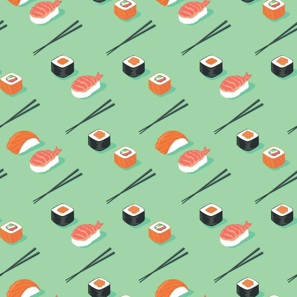 variété de plat Japonais Sushi avec baguettes sans couture modèle dans vert Contexte. vecteur