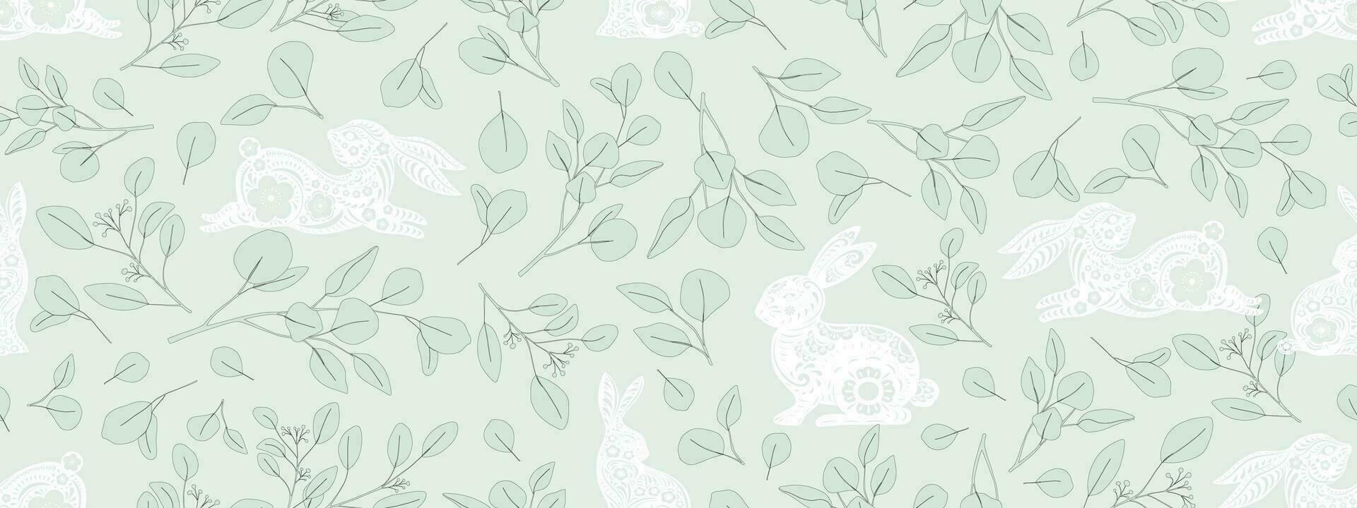 Pâques sans couture modèle lapin avec fleur arrière-plan, Pâques lapin papier Couper avec floral sur vert menthe, vecteur chinois Nouveau année zodiaque, ,ancien illustration en tissu modèle pour printemps été