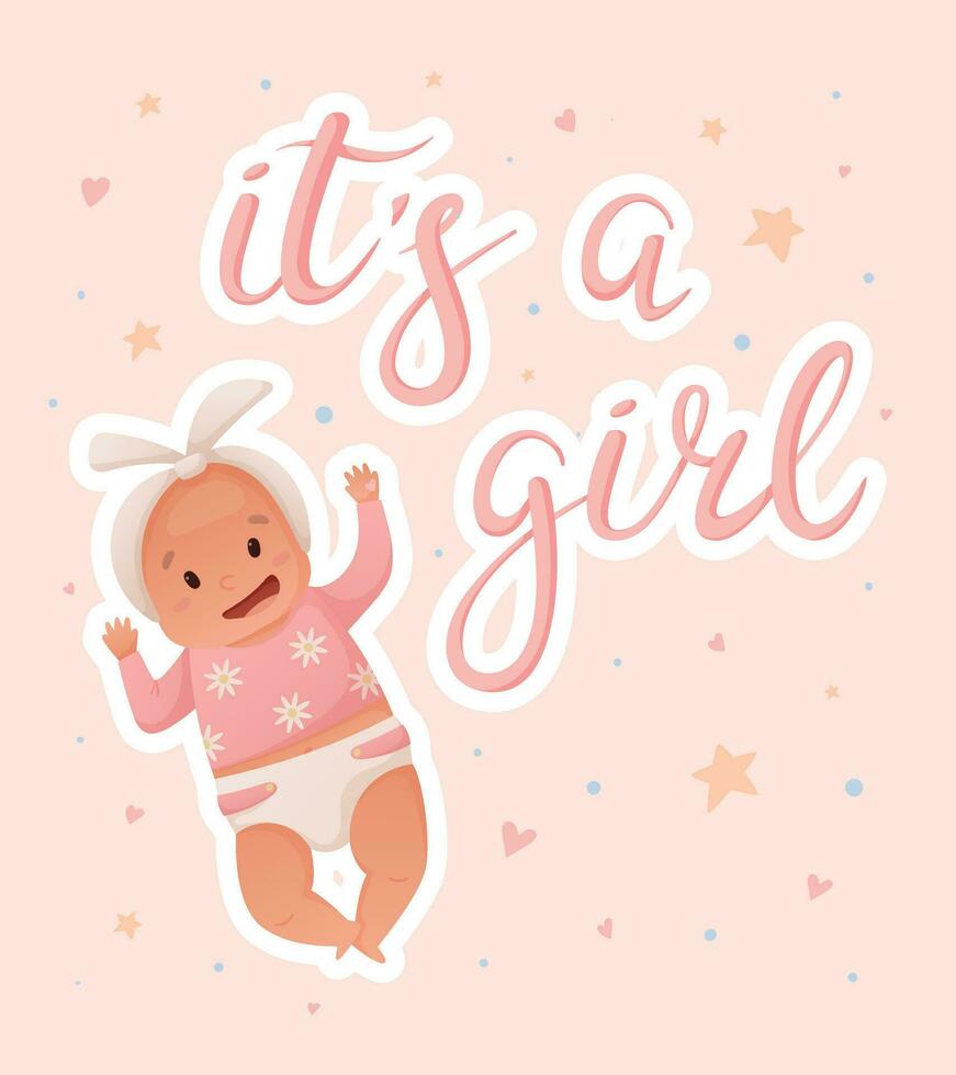 vecteur illustration de une nouveau née bébé dans une couche. carte postale ou bannière avec caractères ses une fille.