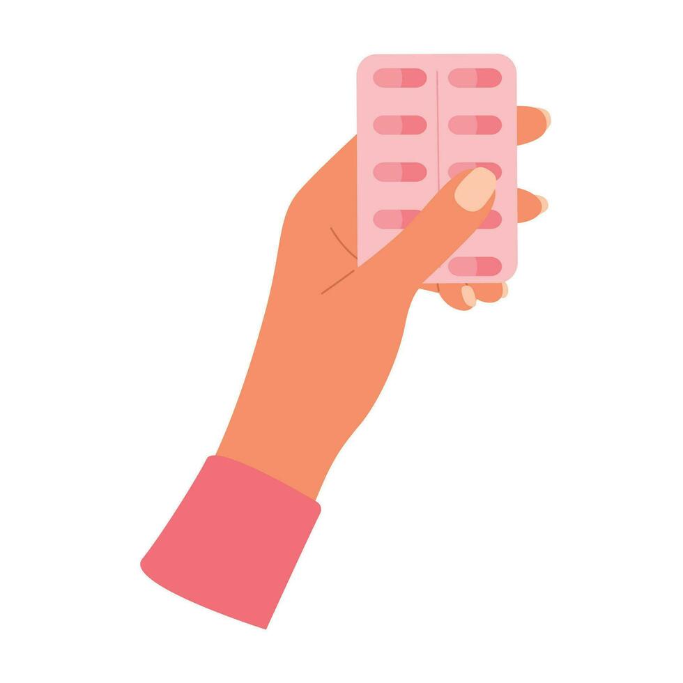 femme main en portant une cloque avec pilules. drogues, vitamines dans femelle main. soins de santé, médicament concept. vecteur