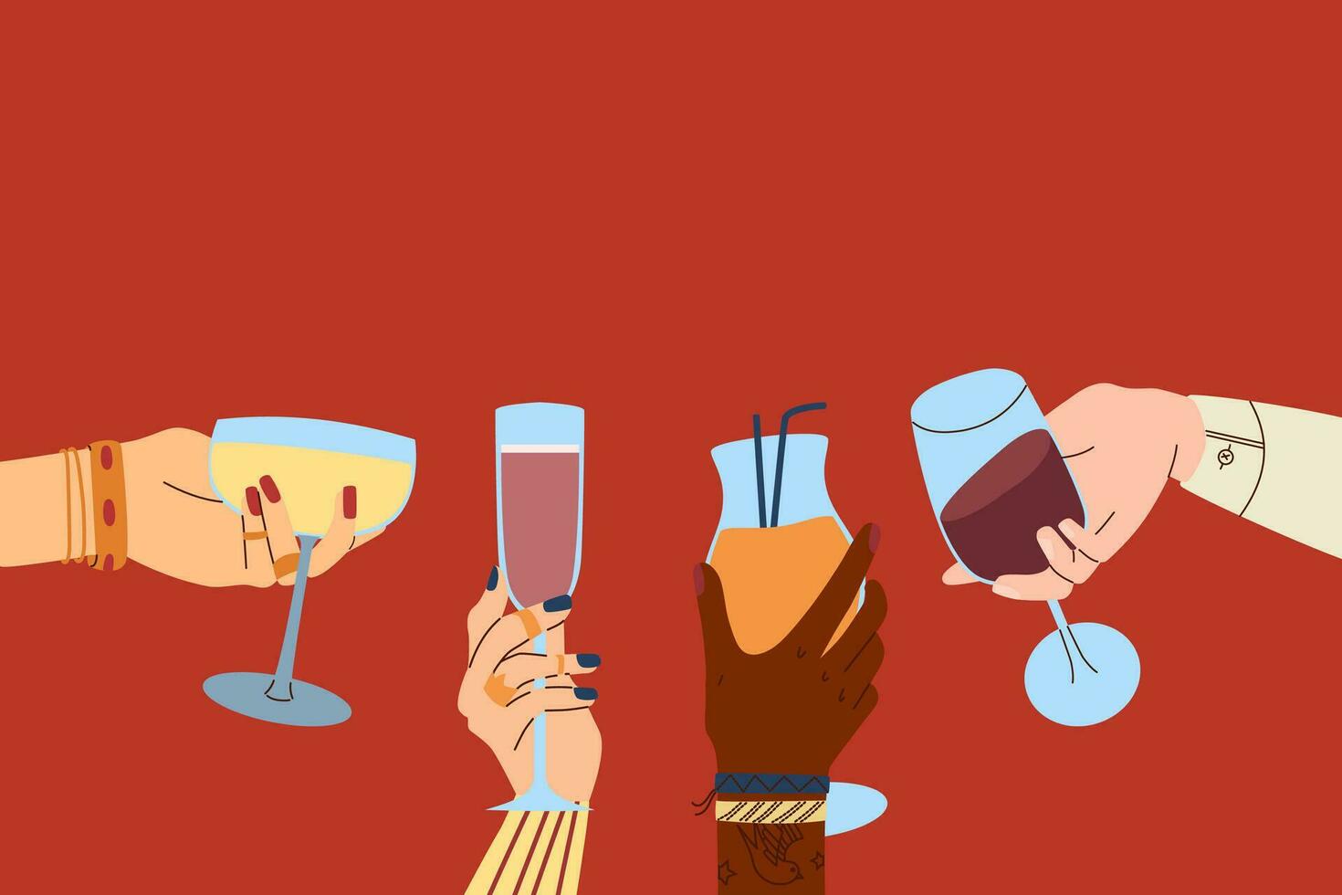 Contexte avec mains en portant des lunettes de vin, Champagne et cocktails. le concept de une de fête affiche et une la toile bannière. vecteur