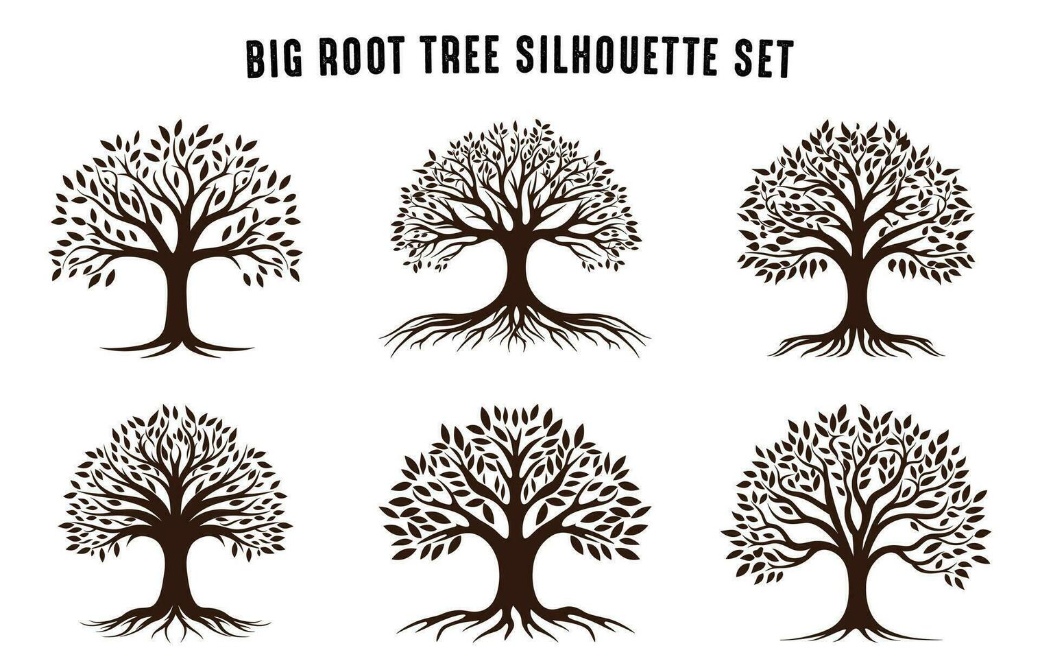 arbre avec racine silhouettes vecteur ensemble, arbre racine logo style silhouette paquet