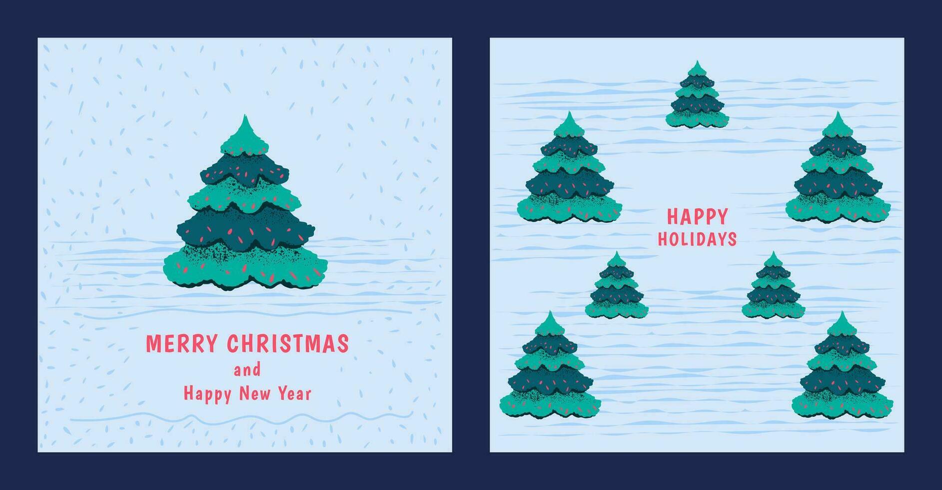 ensemble vacances cartes. modèle avec main tiré Noël arbre. vecteur illustration. joyeux Noël et content Nouveau année carte. impression illustration, instagram affiche, entreprise invitation, salutation cartes.