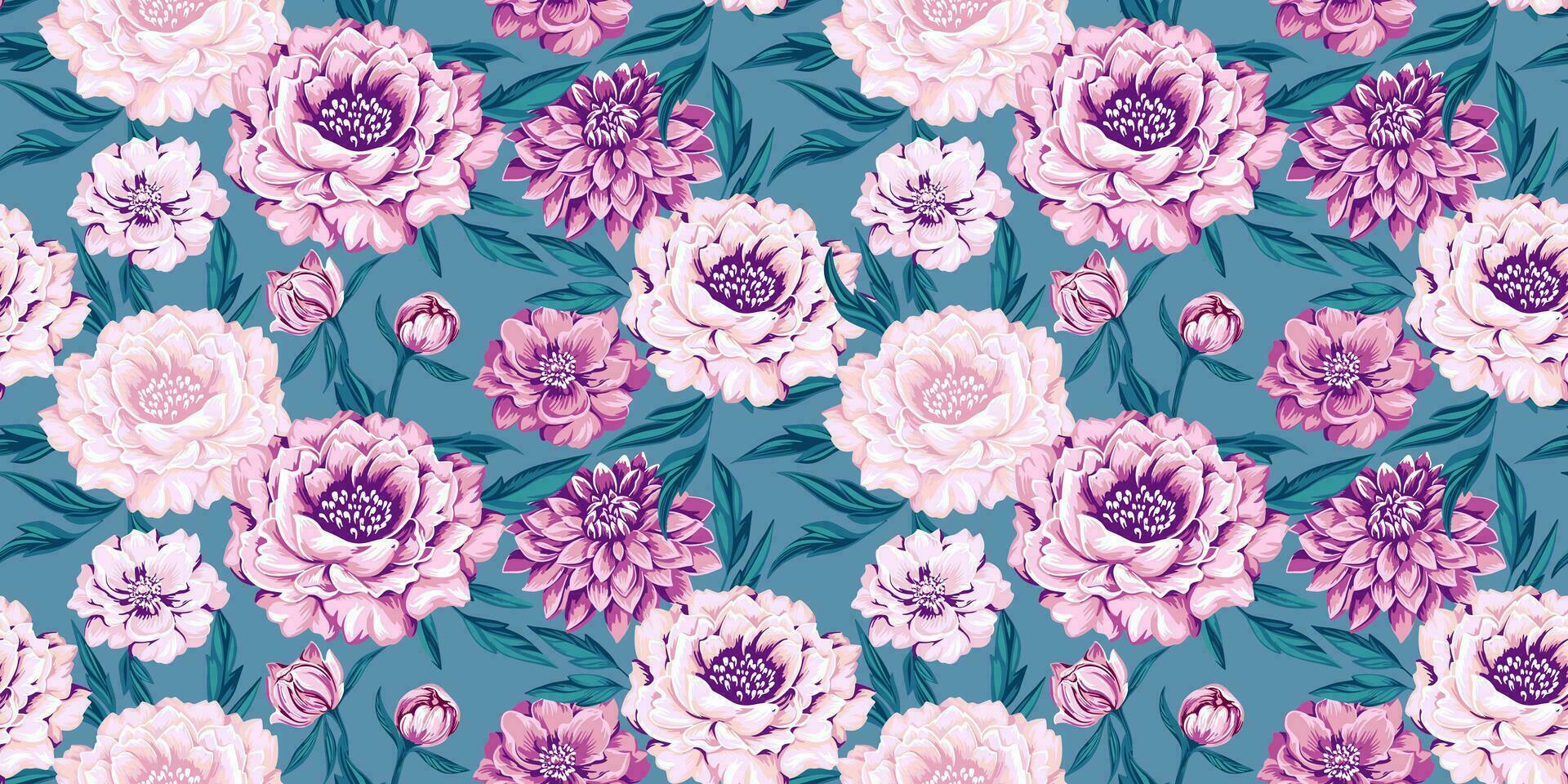 vecteur main tiré artistique élégant magnifique fleurs sans couture modèle. floral tapisserie. abstrait pivoines, dahlias Contexte. modèle pour conception, textile, mode, imprimer, en tissu