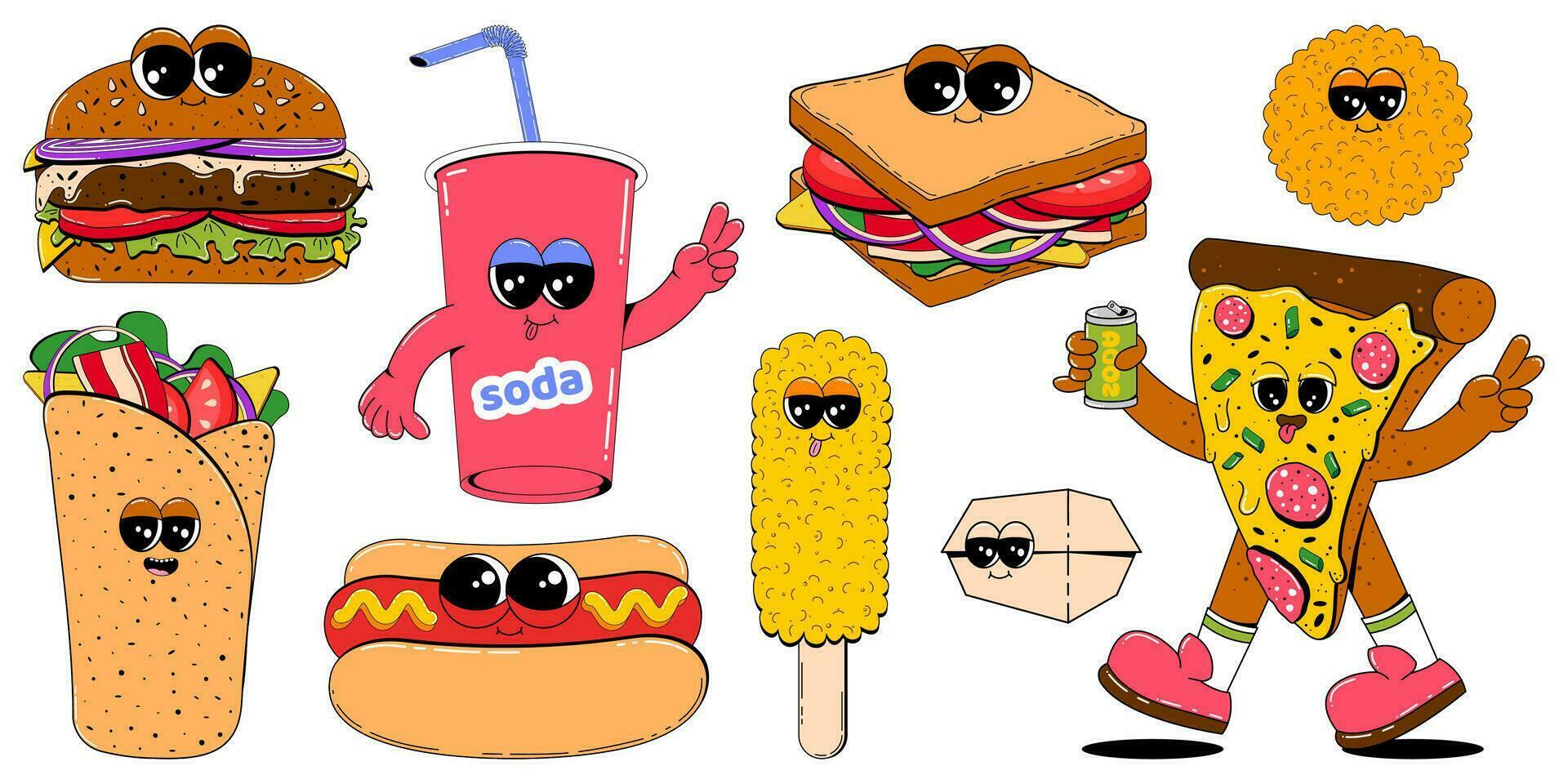 coloré ensemble de vite nourriture personnages dans rétro dessin animé style. vecteur mascotte illustration de Burger, chaud chien, pizza, tacos, un soda, burrito et autre rue nourriture sur blanc isolé Contexte.