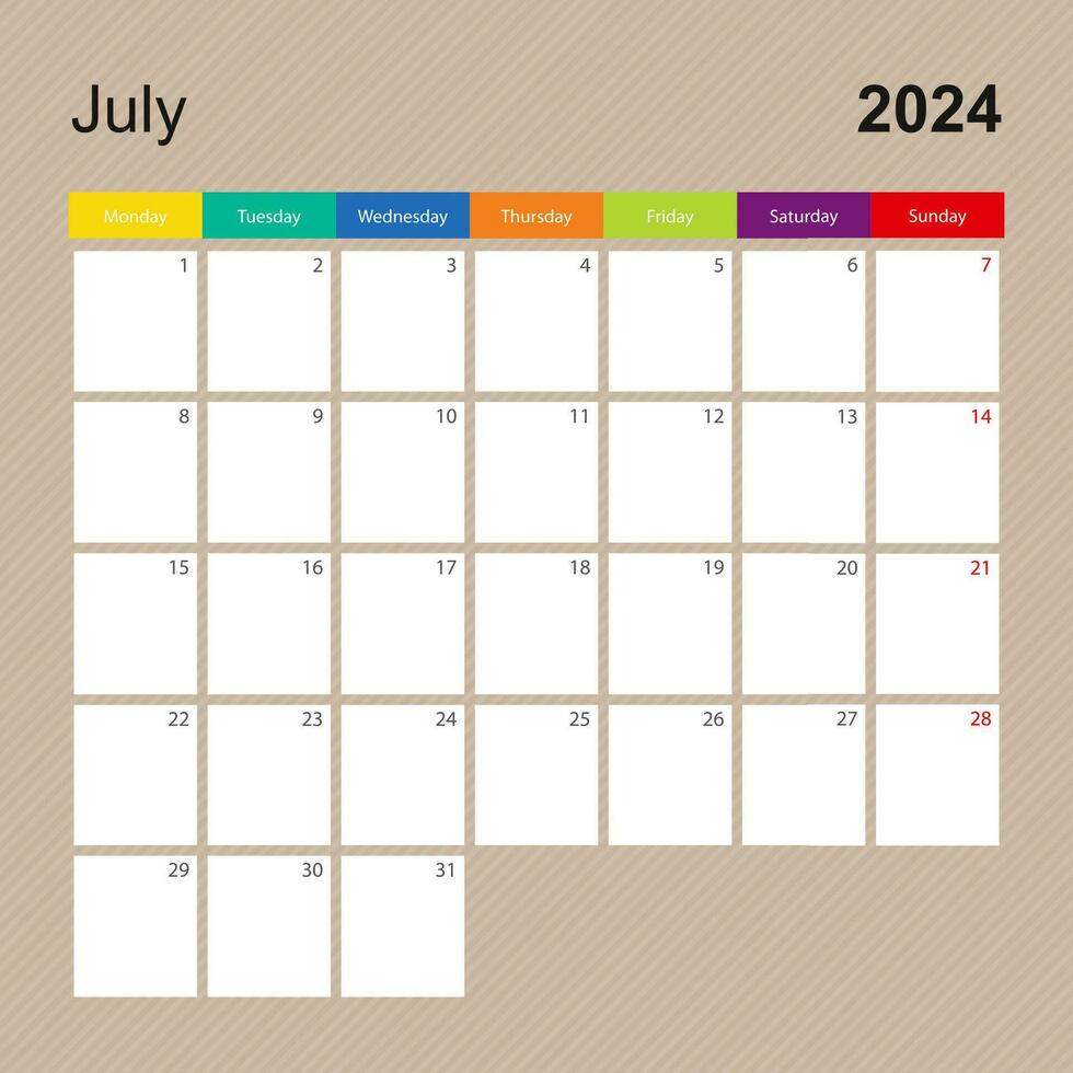 calendrier page pour juillet 2024, mur planificateur avec coloré conception. la semaine départs sur lundi. vecteur