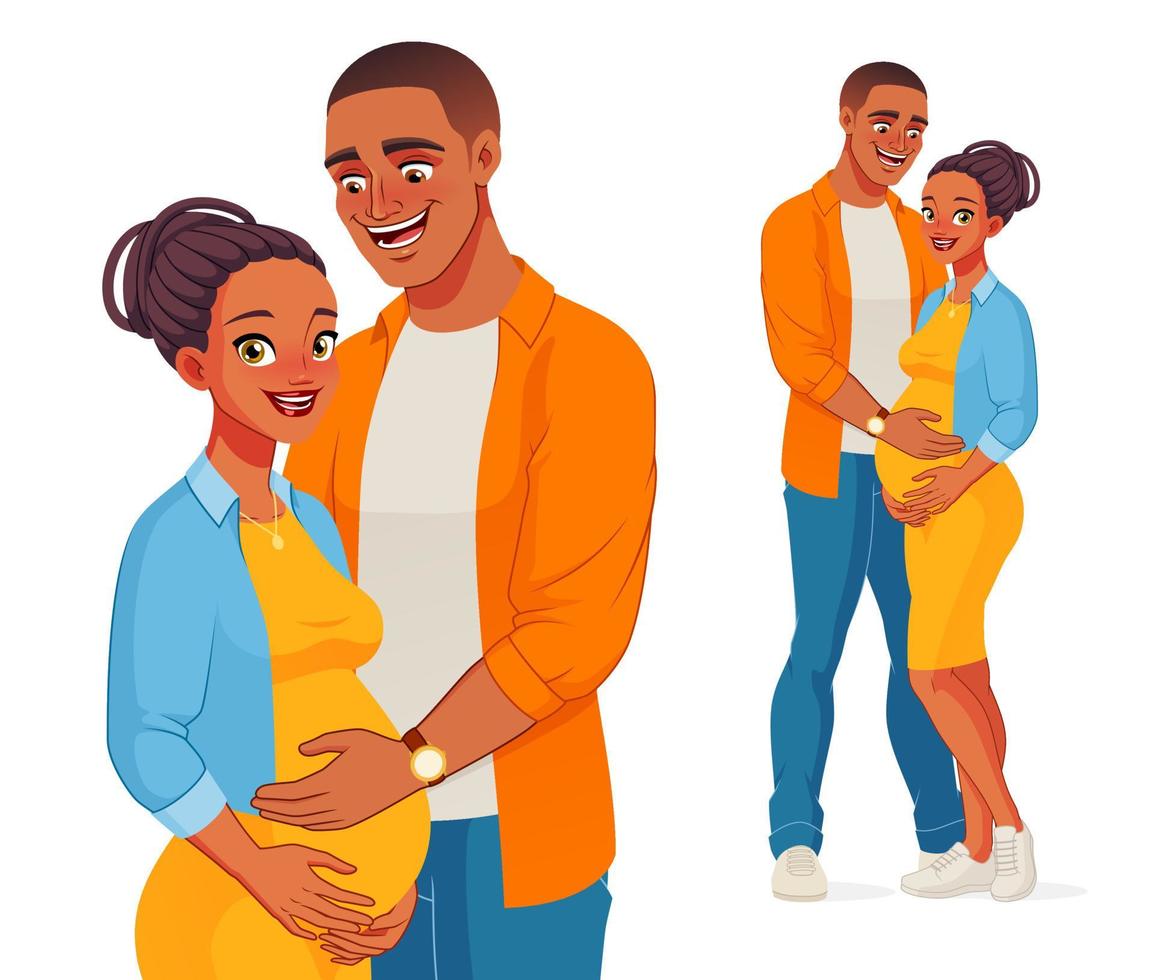heureux homme afro-américain tenant le ventre de sa femme enceinte vecteur