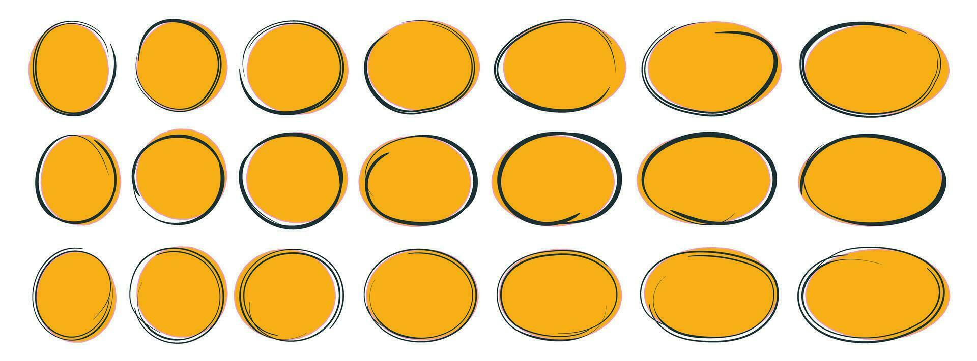 ensemble de main tiré ovales et cercles avec une Jaune Contexte. ovales de différent largeurs. sélectionner le cercle cadres. ellipses dans griffonnage style. vecteur