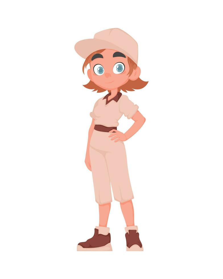 une rouge aux cheveux adolescent fille dans une beige et marron école uniforme. le étudiant est posant. dessin animé vecteur style.