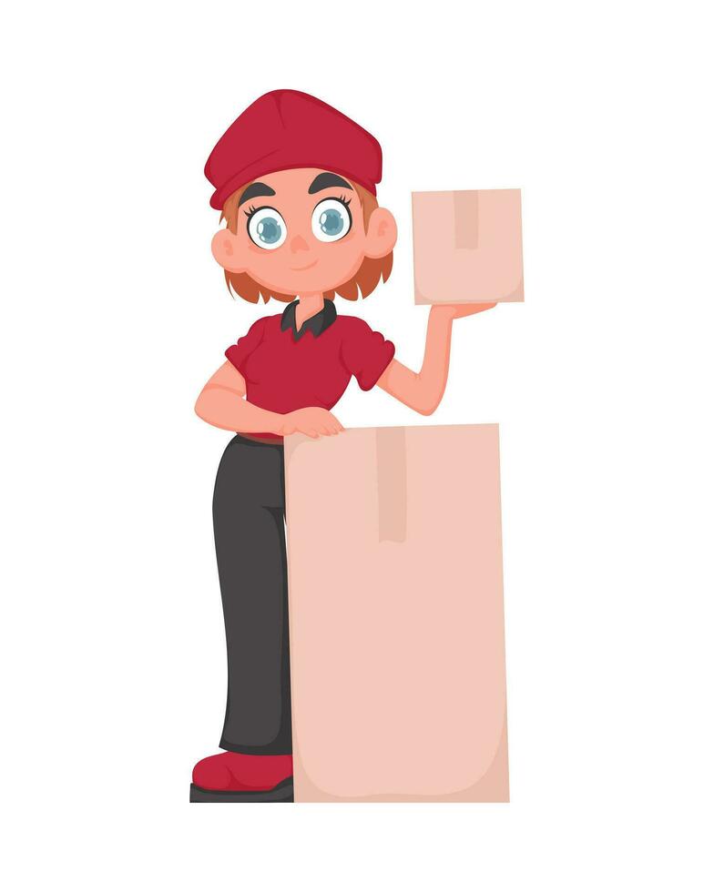 souriant livraison femme dans rouge uniforme en portant une papier boîte. mignonne fille livrer des biens dans vecteur dessin animé style.