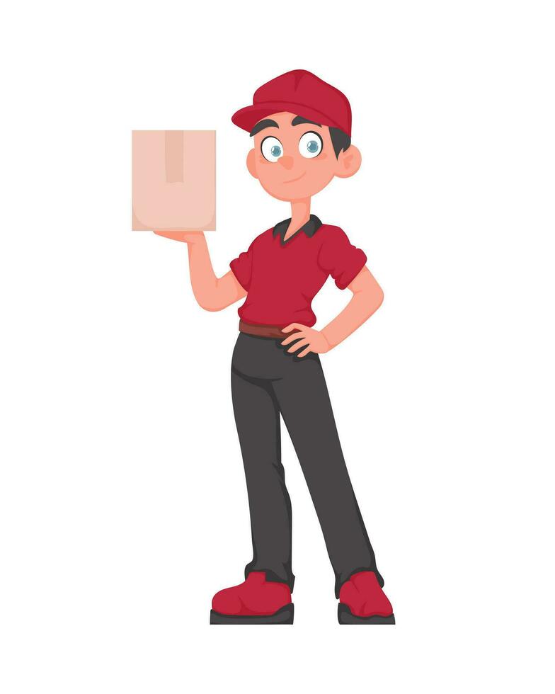 souriant livreur avec colis. amical courrier dans rouge uniforme en portant une papier boîte. vecteur dessin animé illustration.