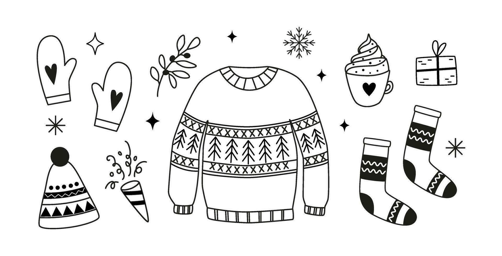 hiver vêtements et essentiel - linéaire clipart. arrêtez-vous, chaussettes, Mitaines, chapeau. contour griffonnages, Icônes, esquisser. Noël vacances. coloration livre. vecteur