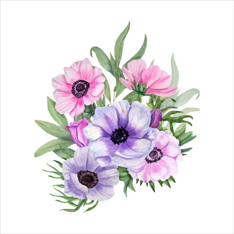 anémones avec eucalyptus. rose fleurs, vert les plantes. printemps bouquet. aquarelle illustration vecteur