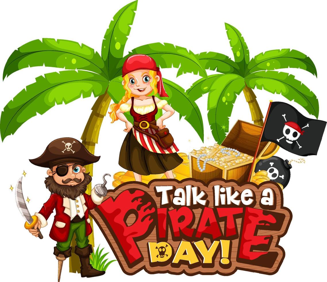 parler comme une bannière de police du jour des pirates avec un personnage de dessin animé pirate vecteur