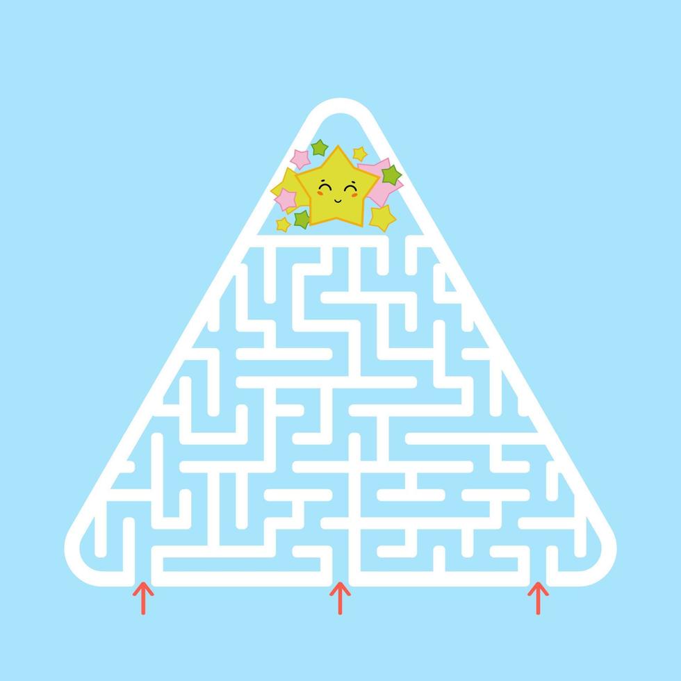 labyrinthe blanc triangulaire. trouver la bonne entrée au labyrinthe. une simple illustration vectorielle plane isolée sur fond bleu. avec un personnage mignon de bande dessinée vecteur