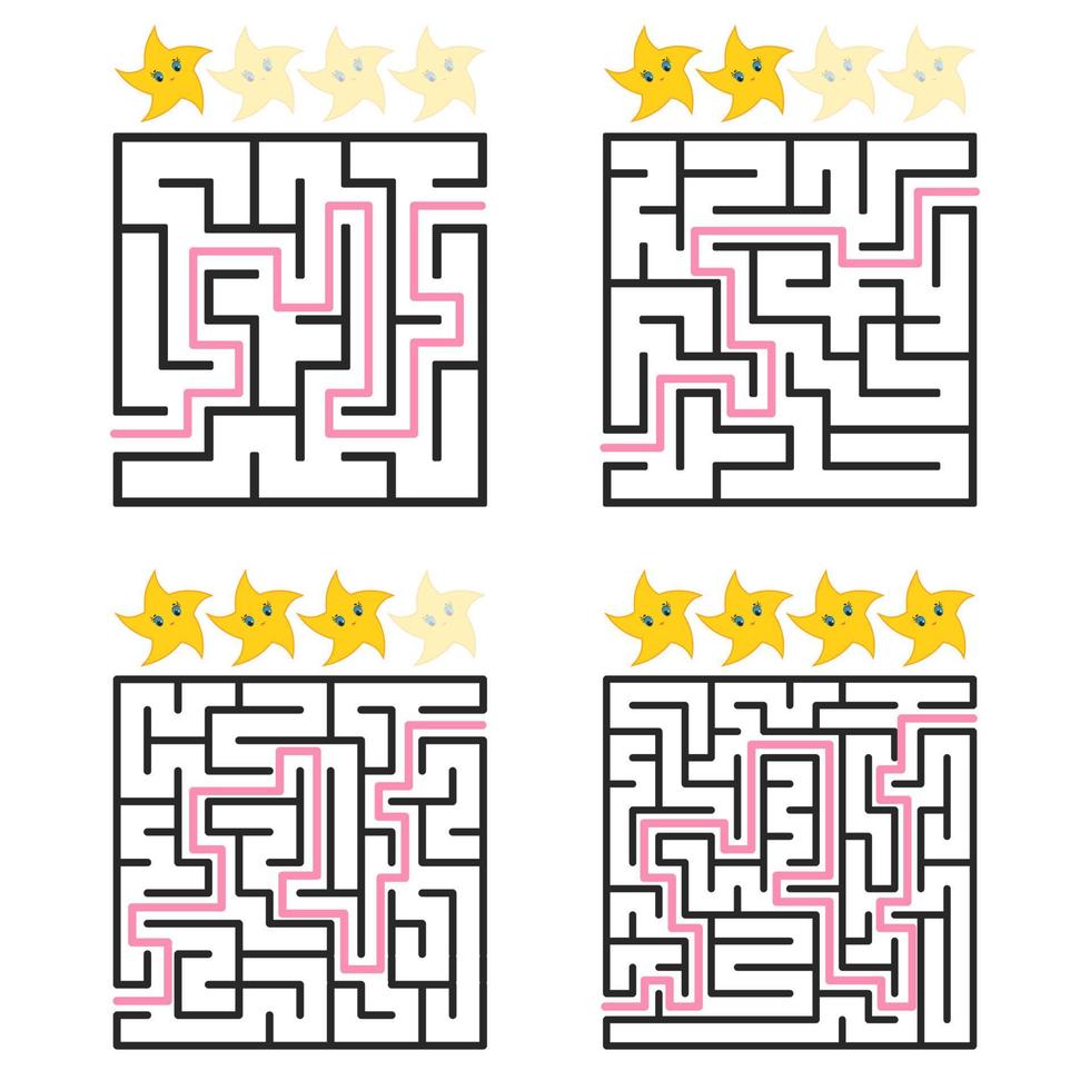 un labyrinthe carré avec une entrée et une sortie. un ensemble de quatre options de simple à complexe. évalué par les étoiles mignonnes. illustration vectorielle isolée sur fond blanc. avec la réponse. vecteur