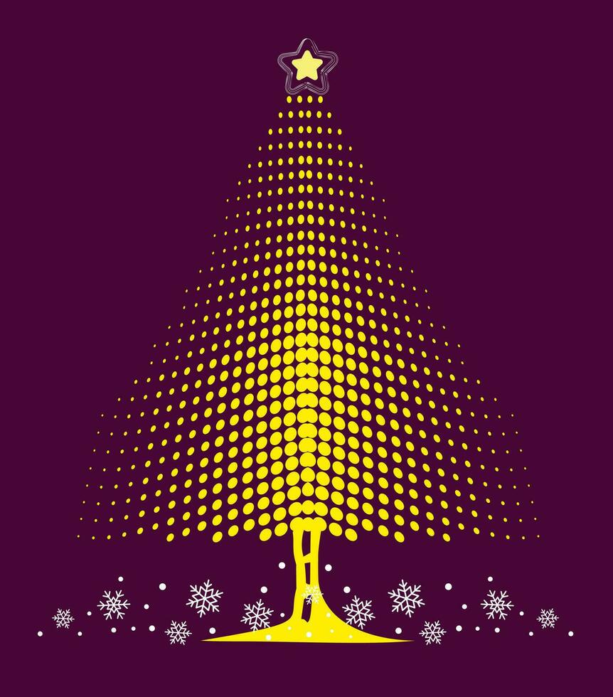 sapin arbre avec minivaliste Noël lumières. violet Contexte avec Jaune des balles et blanc étoile, dans le Contexte flocons de neige chute sur le décoratif arbre vecteur