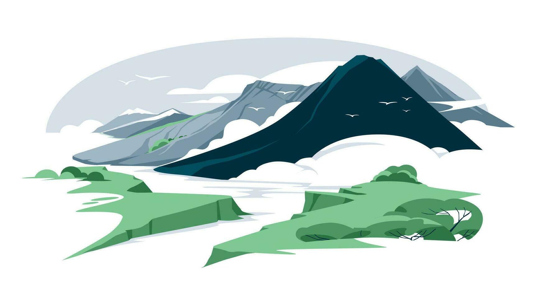 brouillard et des nuages Montagne rivière paysage. Voyage et aventure. vecteur plat illustration.