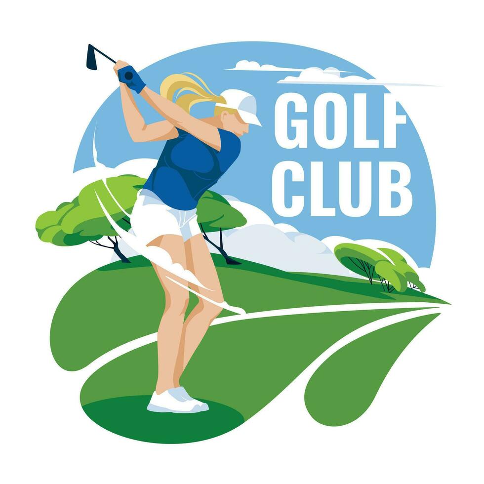 le golf femme sur une vert pelouse. professionnel des sports compétitions et santé loisirs. vecteur plat illustration