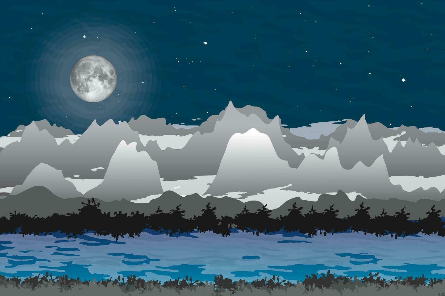 abstrait vue de paysage, le lune et Montagne couche avec silhouette arbre et doux des nuages sur nuit ciel Contexte. vecteur
