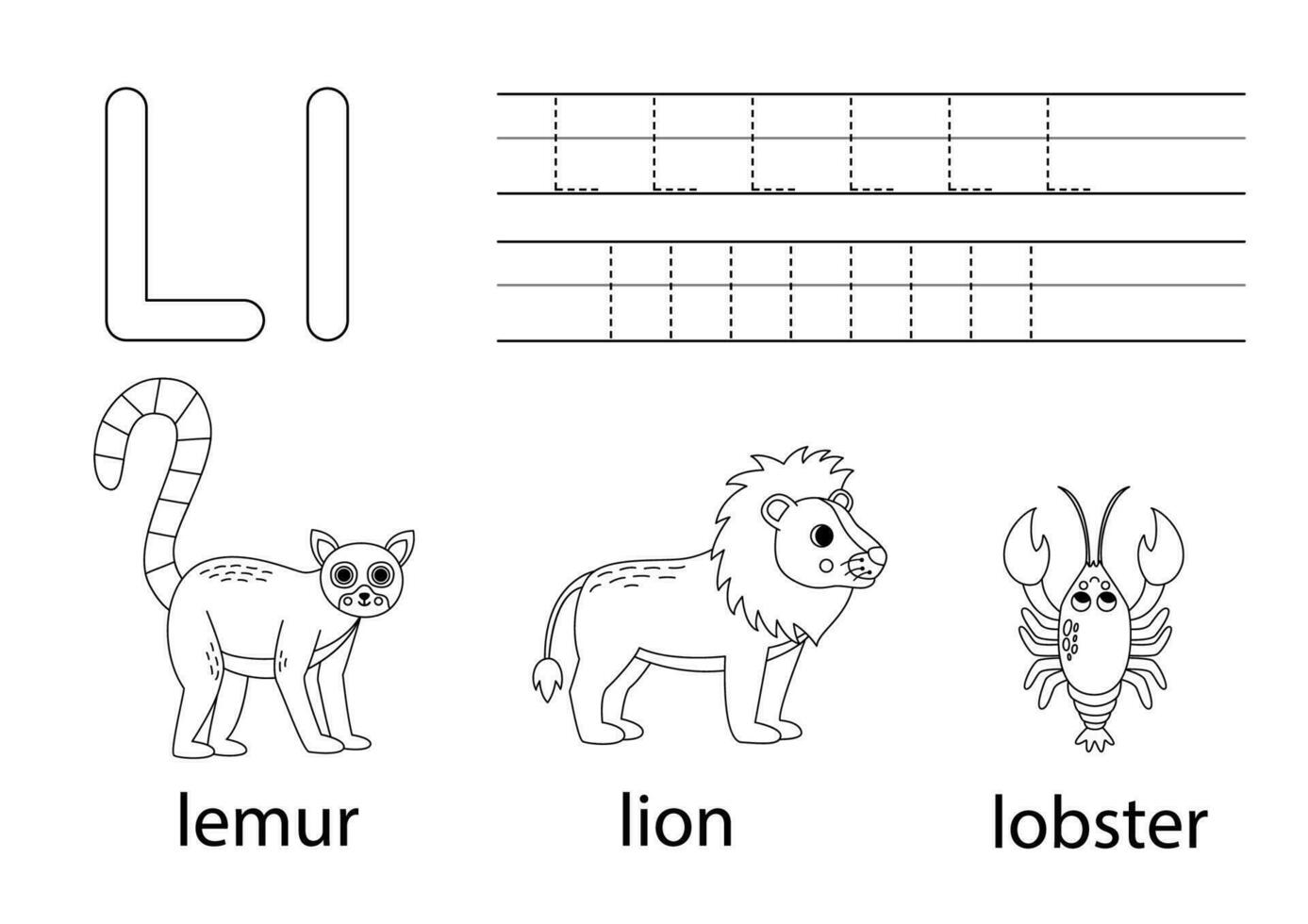 trace majuscule et minuscule lettre l. animal alphabet pour enfants. vecteur