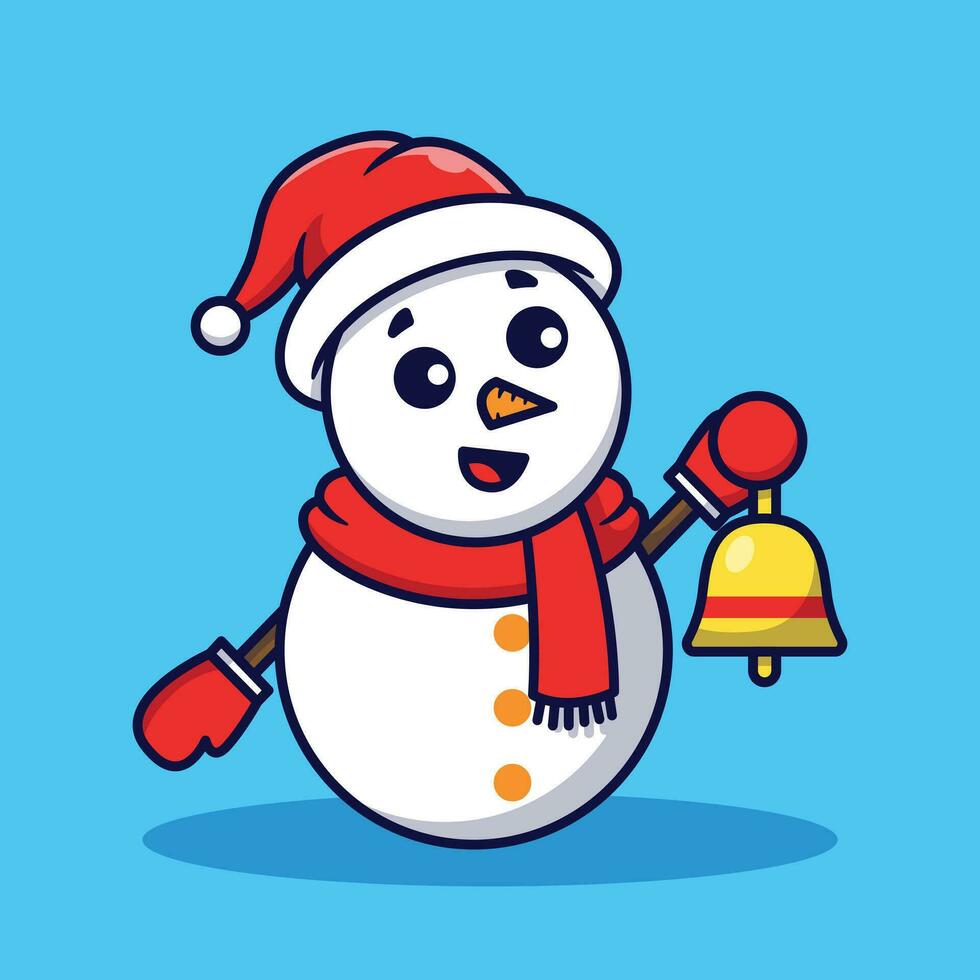 mignonne bonhomme de neige en portant cloche vecteur dessin animé illustration isolé
