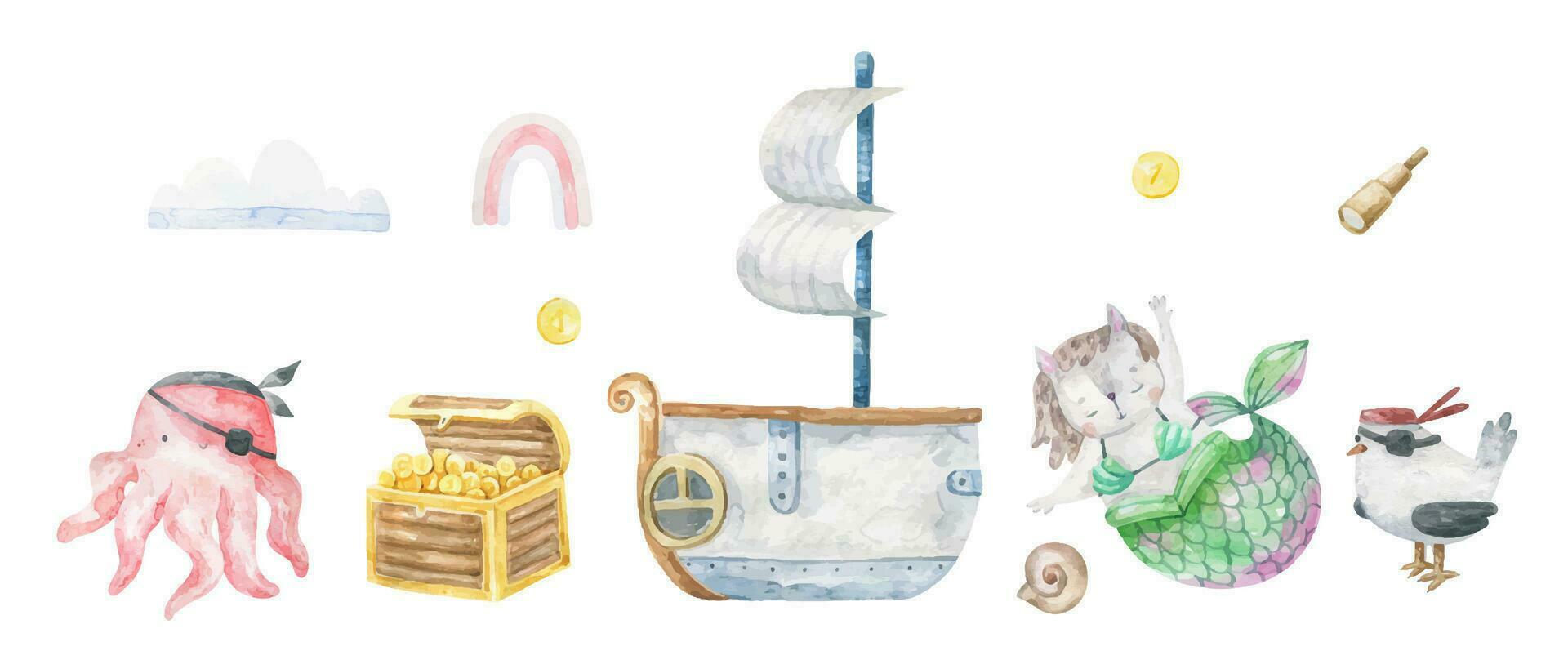 pirate collection avec une Sirène chat, un poulpe et une pirate mouette. un vieux pirate navire et une en bois poitrine avec trésors. mignonne puéril main tiré illustration vecteur