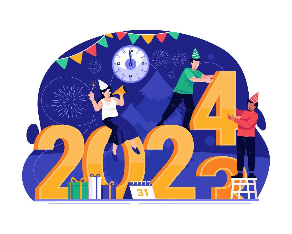 gens sont en changeant le lettre de le année dans préparation pour le Nouveau année 2024. content Nouveau année concept illustration vecteur