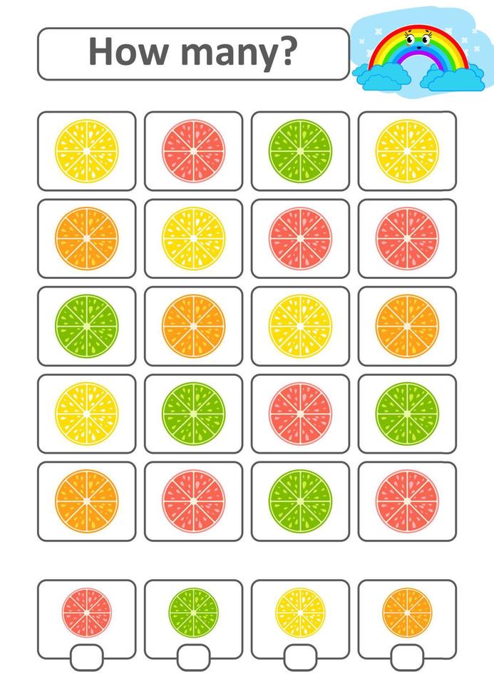 jeu pour les enfants d'âge préscolaire. comptez autant de fruits sur l'image et notez le résultat. citron, citron vert, orange, pamplemousse. avec une place pour les réponses. illustration vectorielle simple plat isolé. vecteur