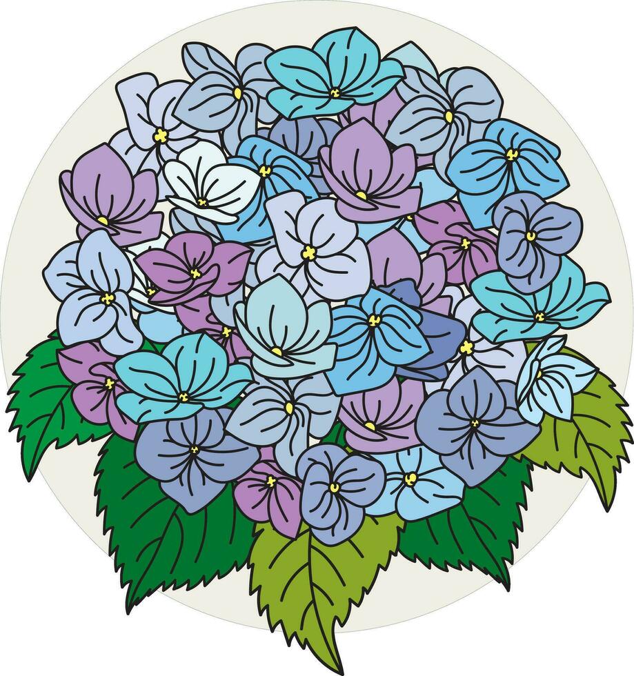 illustration bouquet de le hortensia fleur avec feuilles sur crème Couleur cercle Contexte. vecteur