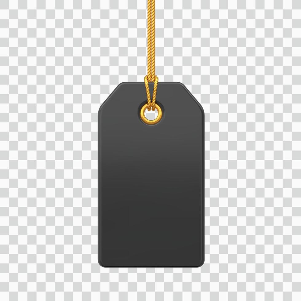 étiquette de prix. étiquette vierge noire accrochée à une corde d'or. étiquette de remise isolée sur fond transparent. icône d'étiquette de balise pour les sites Web et les applications. illustration vectorielle 3d réaliste. vecteur