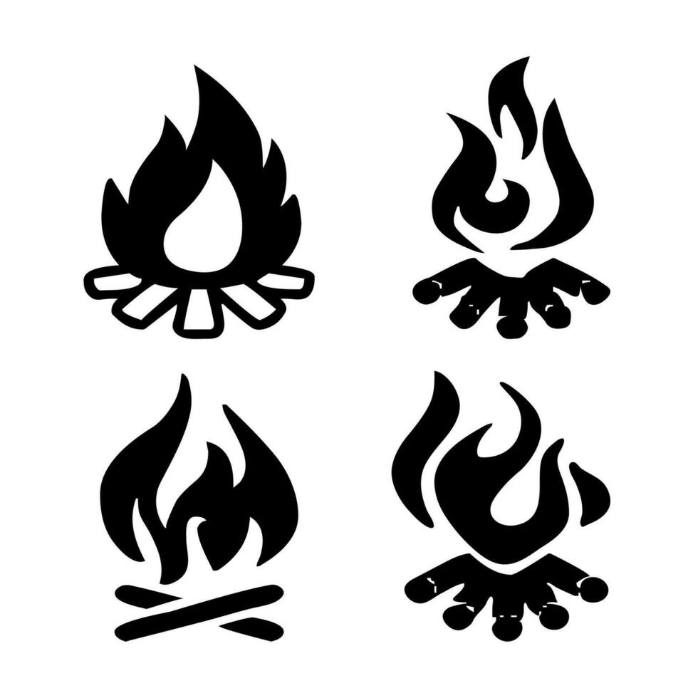feu de camp et feu brûlant sur bois de chauffage signe vecteur icône ensemble