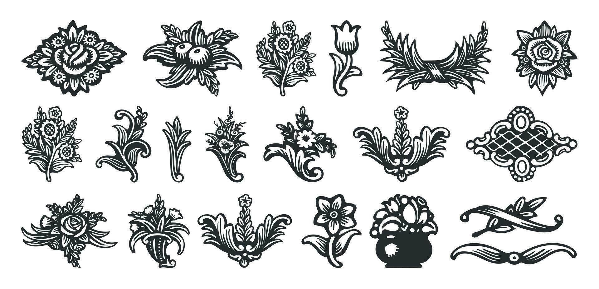ancien coiffant Marguerite floral et fleur silhouettes ornemental de vecteur icône ensemble collection.