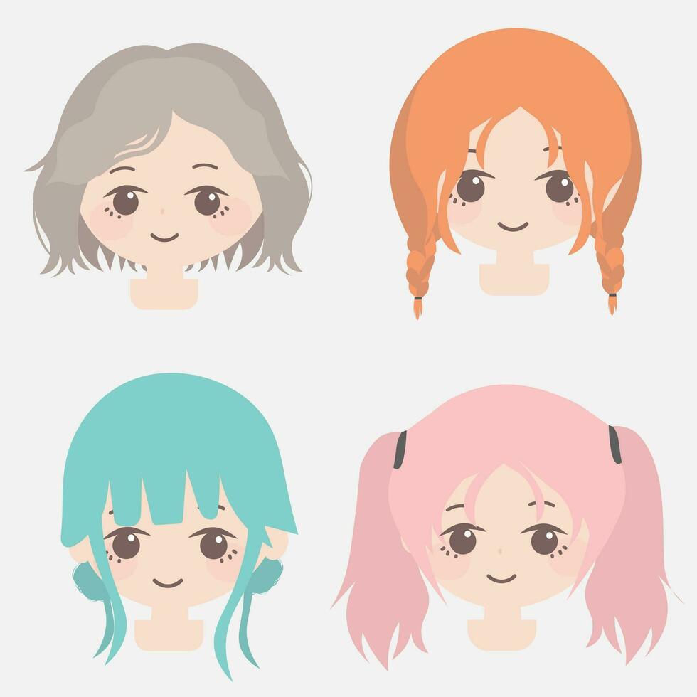 4 dessin animé les filles dans divers sortes de cheveux, différent couleurs, dans le style de lumière vert et lumière gris, d'inspiration japonaise, lumière rose et foncé orange, Facile conceptions, le des photos génération, effiloché vecteur