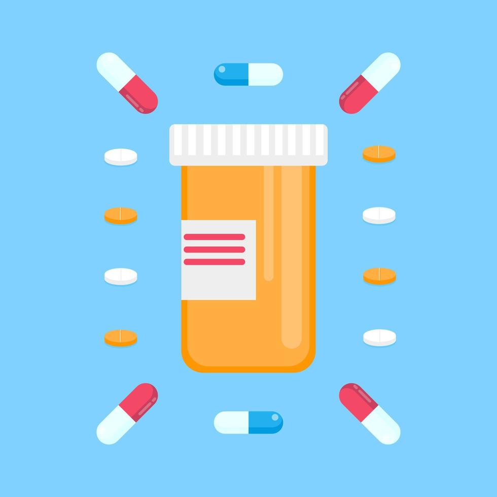 bouteille de pilules pour capsules autour de pilules illustration vectorielle de conception de style plat. pot de conteneur médical pour tablette et médicament isolé sur fond bleu clair vecteur