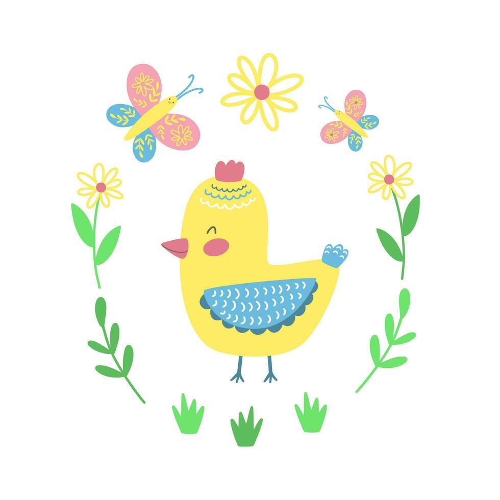 peu mignonne poule avec fleurs et papillon. content Pâques décor. vecteur illustration.