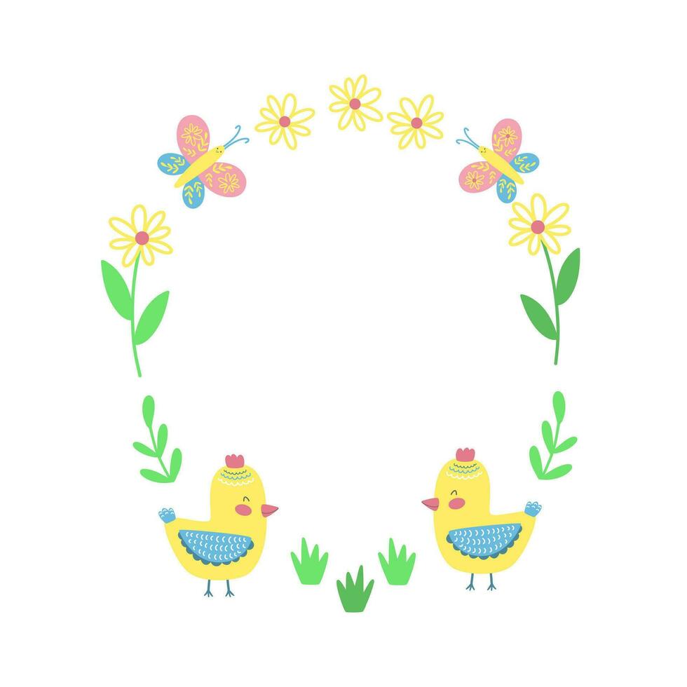 Pâques Cadre avec peu mignonne poule avec fleurs et papillon. content Pâques décor. vecteur illustration.