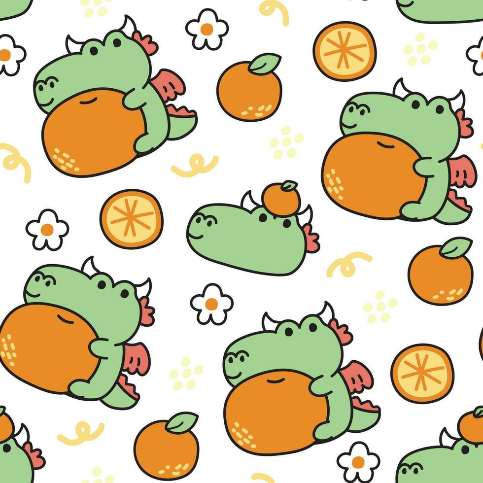 sans couture modèle de mignonne dragon avec Orange sur blanc arrière-plan.chinois animal cartoon.zodiac.fruit,fleur,minuscule icône main dessiné.bébé fille et garçon Vêtements impression écran.kawaii.vector.illustration. vecteur