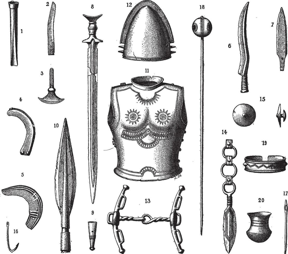 français armure et armes pendant le plus jeune bronze âge, ancien gravure vecteur