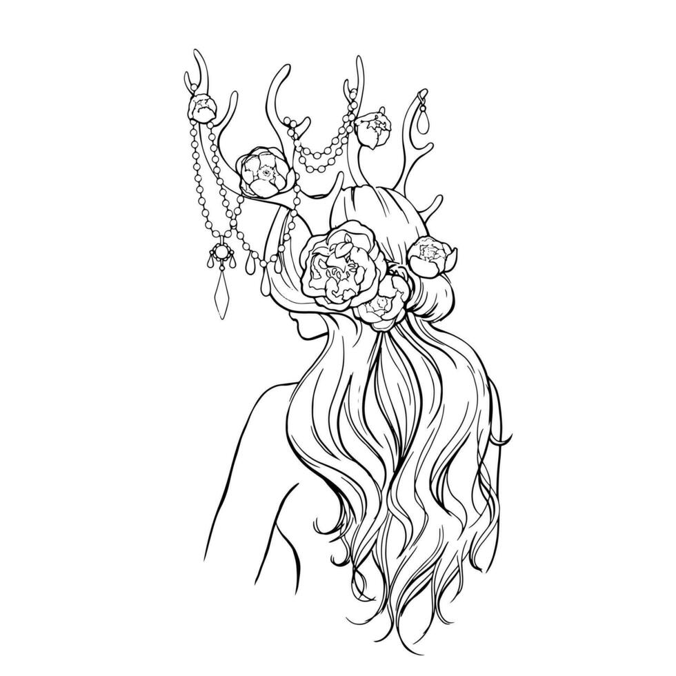 graphique dessin par main image de une nu fille avec cerf bois et fleurs. pour site Internet conception, affaires cartes, coiffeur, Étiquettes pour cheveux se soucier des produits. vecteur collection de cheveux bijoux.