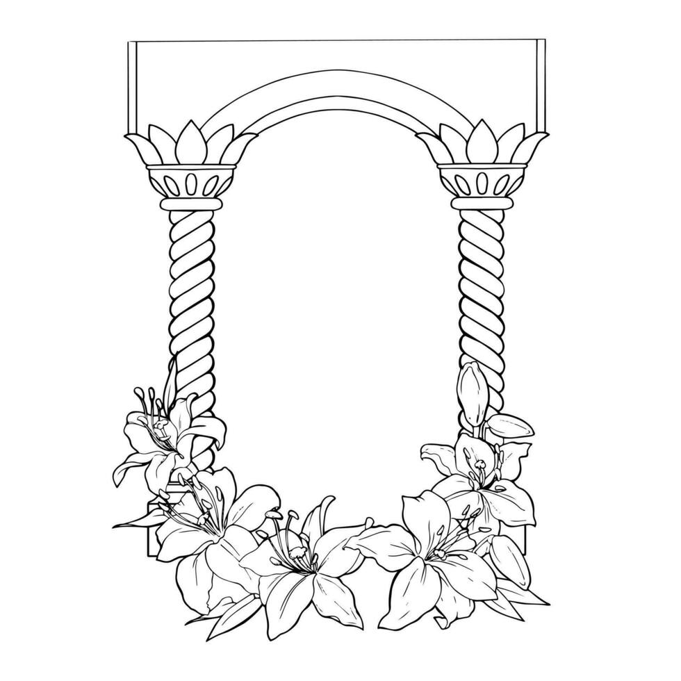 graphique ligne dessin. vecteur. cambre avec Colonnes décoré avec fleurs de lys. de le cheveux bijoux collection. pour le conception de sites Internet, affaires cartes, autocollants, faire-part, cartes postales et impressions. vecteur