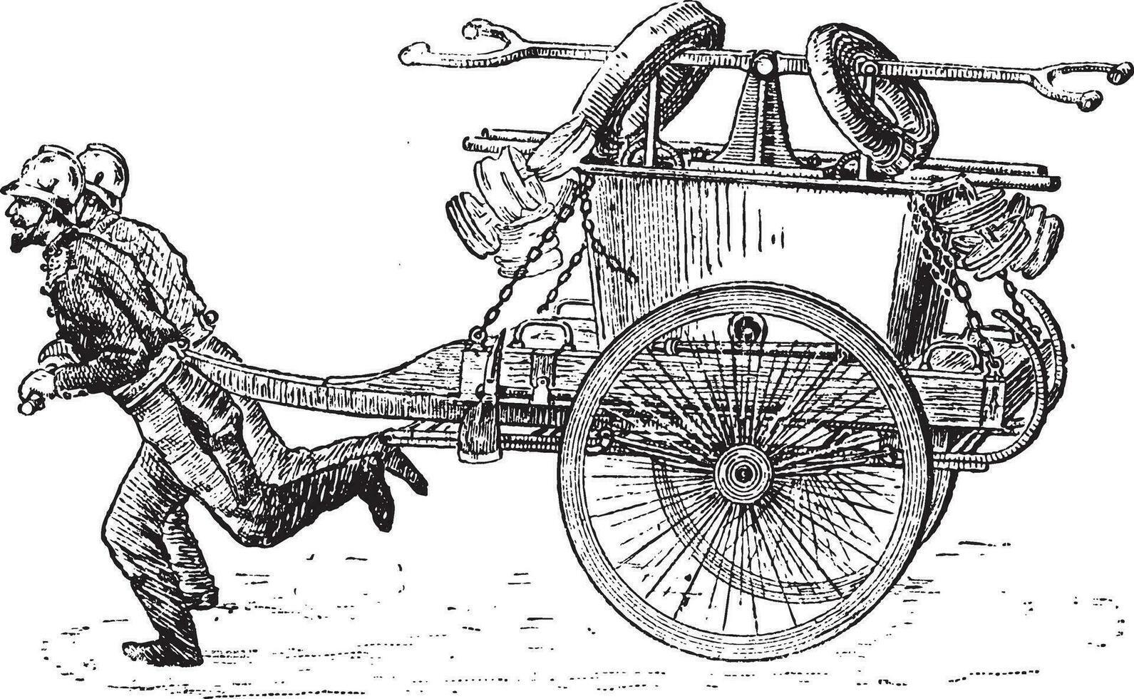 sapeur pompier bras pompe avec le chariot ancien gravure vecteur