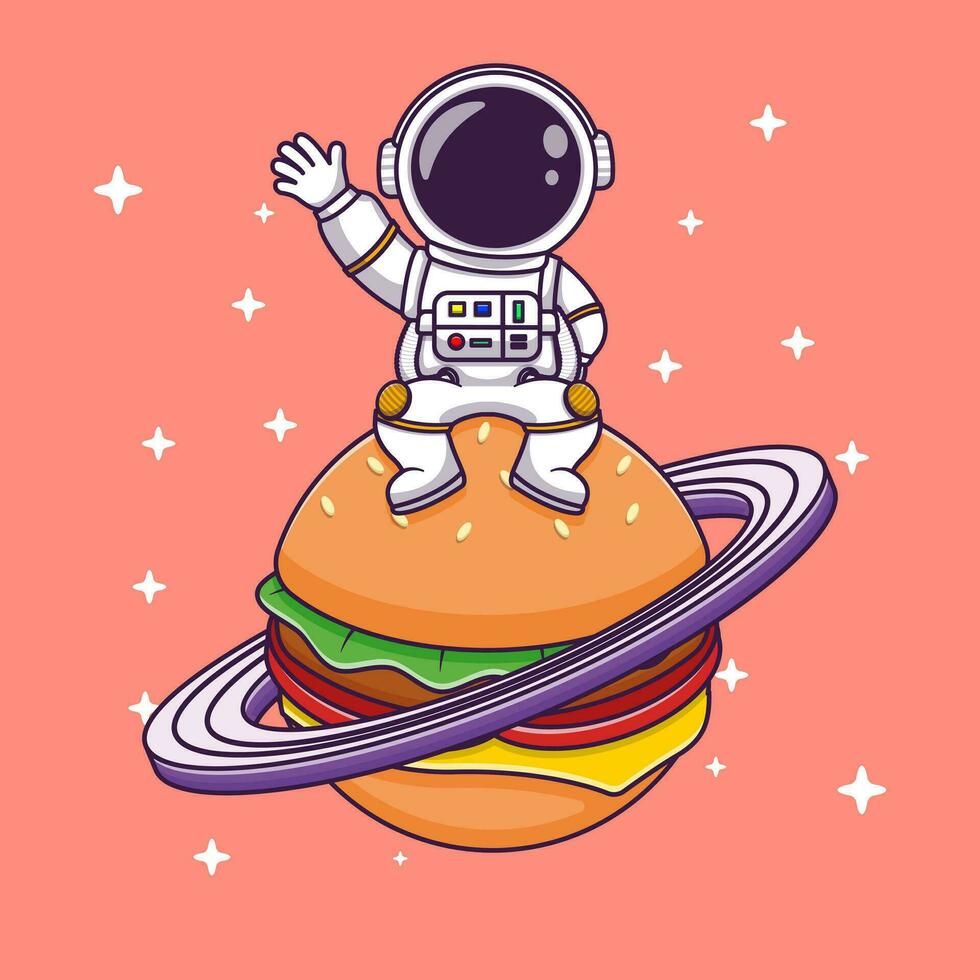 mignonne astronaute séance sur le Burger planète avec agitant main dessin animé vecteur icône illustration plat