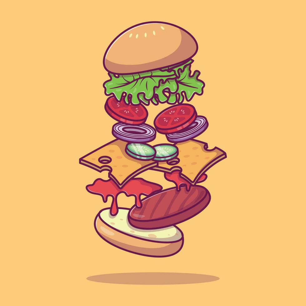 Burger Ingrédients nourriture dessin animé vecteur icône illustration