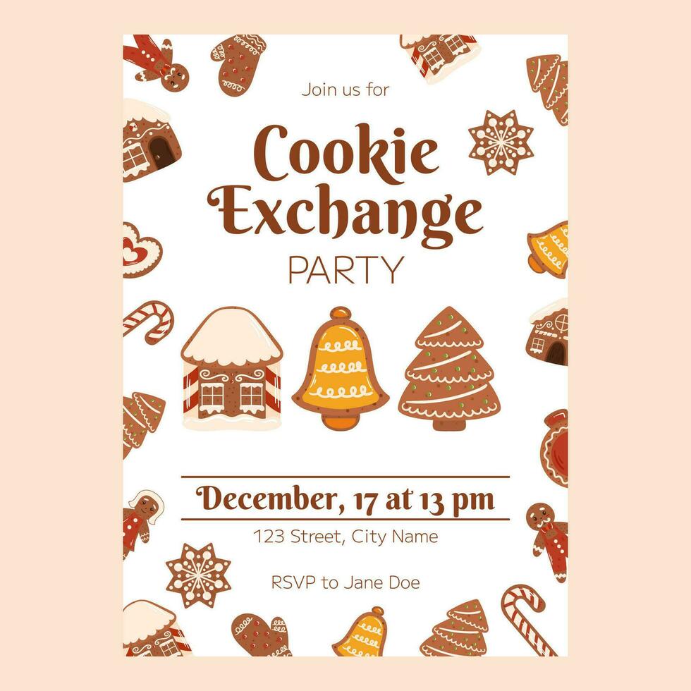 Noël affiche modèle, invitation pour Noël biscuit échange faire la fête. verticale prospectus décoré avec pain d'épice biscuits autour le page et Trois gros biscuit dans centre - loger, cloche et arbre vecteur